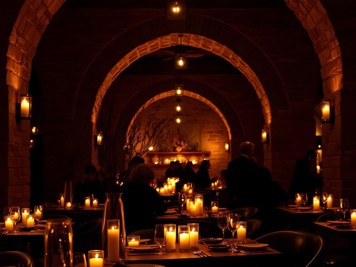 Candlelit stone dining room at FAY